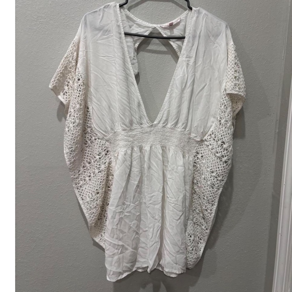 Victoria's Secret White Crochet Trim Open Back Smocked Swim Cover Up Dress L